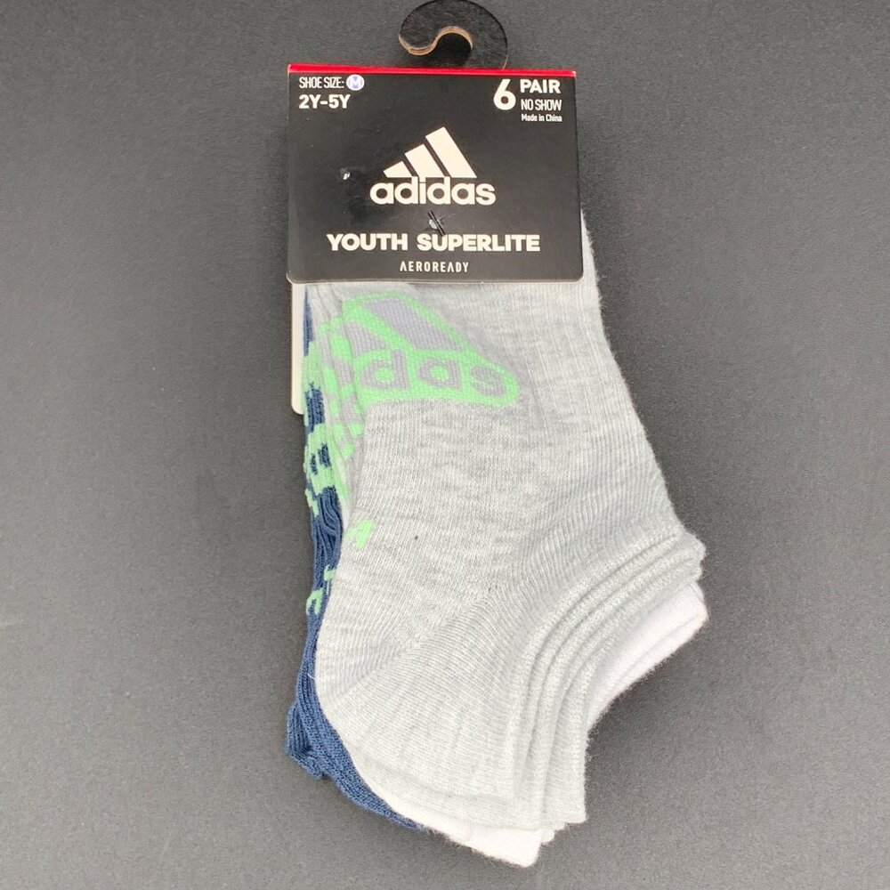 Adidas Youth Superlite‎ No Show Socks 6-Pack M 2Y-5Y AEROREADY Gray White Blue